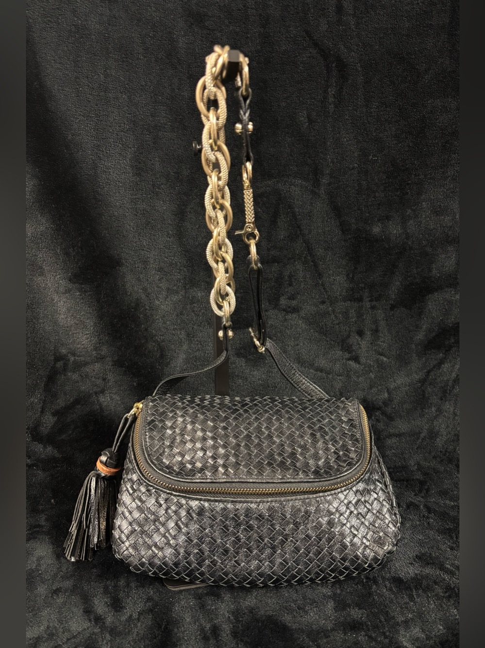 Elliott Lucca Black Woven Leather Crossbody Shoulder Bag Chain Tassel